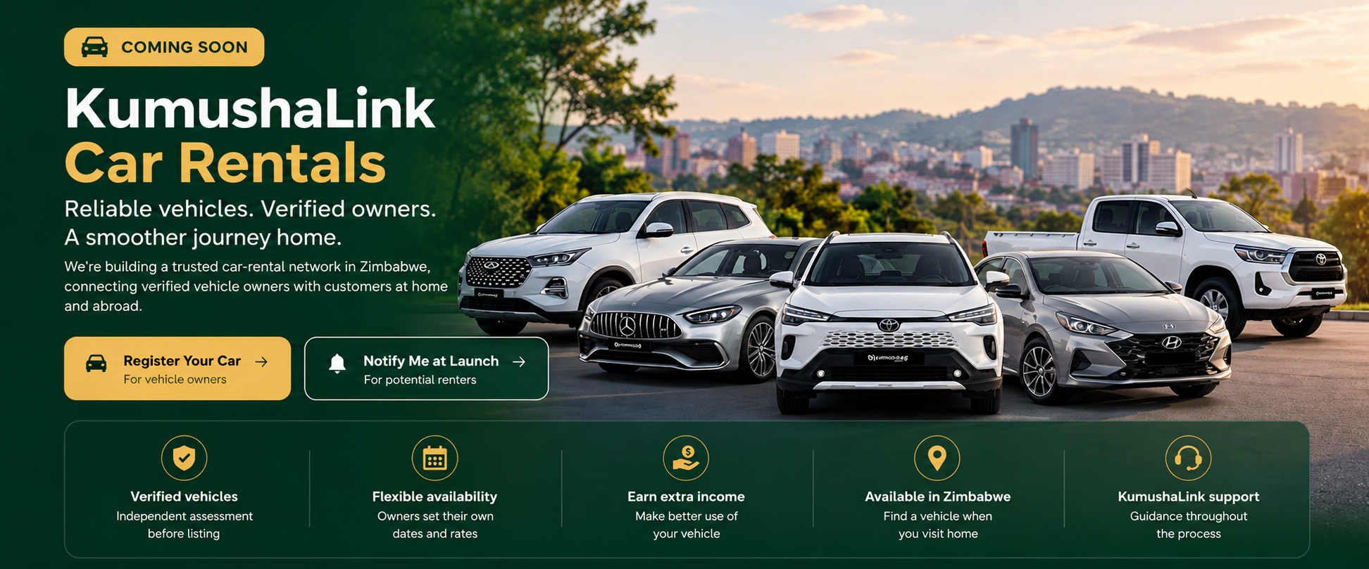 Modern rental cars and SUVs featured in the KumushaLink Car Rentals Coming Soon campaign